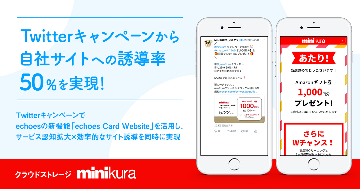 【Twitterキャンペーンから自社サイトへの誘導率50％を実現】クラウドストレージ「minikura」、Twitterキャンペーンでechoesの新機能「echoes Card Website」を活用し、サービス認知拡大×効率的なサイト誘導を同時に実現